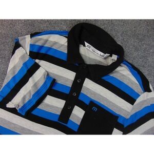 Travis Mathew Shirt Mens Small Blue Black Gray Striped Polo Short Sleeve Pocket